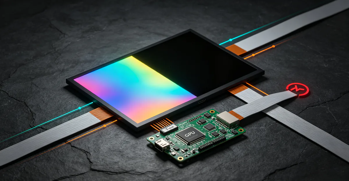 Diagrama do caminho de sinal interno do monitor da GPU pela placa principal à placa T-con, cabos flat dividindo para metades esquerda e direita do painel, metade direita marcada como falha e preta