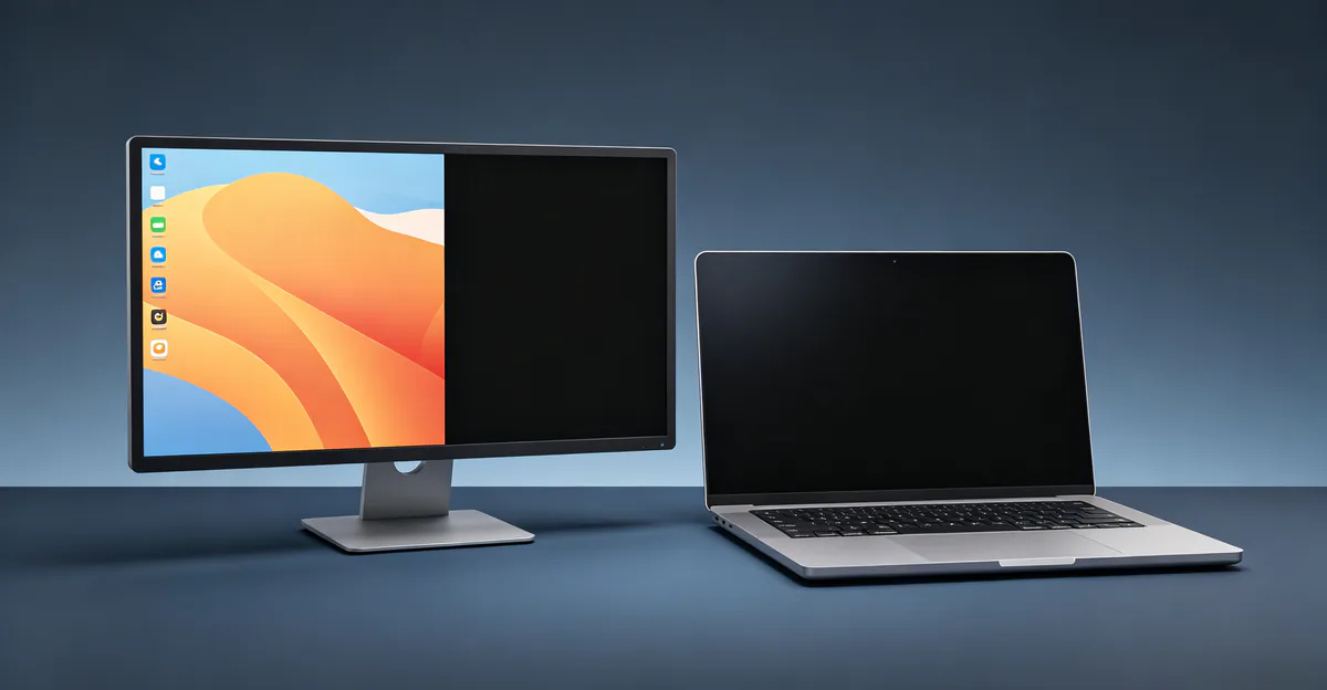 Monitor desktop widescreen e notebook aberto lado a lado, cada um com divisão vertical — metade esquerda exibindo desktop normal e metade direita completamente preta, ilustrando metade da tela preta em monitor e notebook