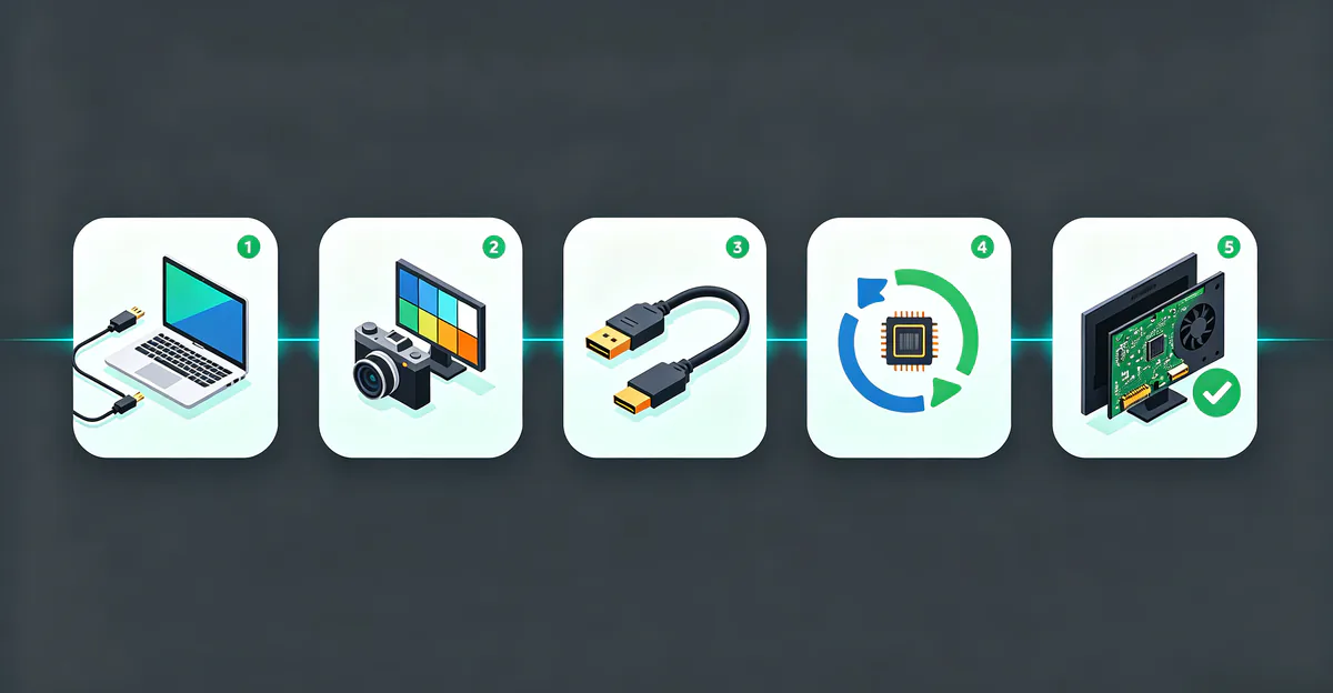 Fluxo de cinco passos para corrigir metade da tela preta como cartões conectados — teste com monitor externo, verificação de captura, troca de cabo, reset de driver e inspeção da placa T-con com marca de verificação verde em display completo funcionando