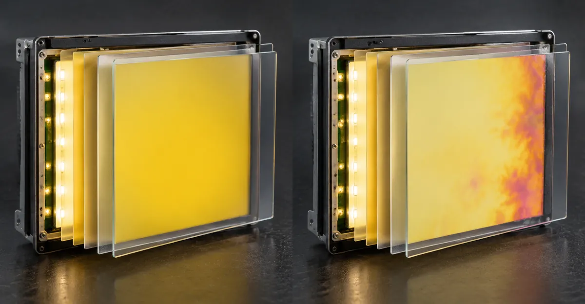 LCD-Hintergrundbeleuchtungsstapel im Vergleich: gleichmäßige Vergilbung und fleckige Verfärbung