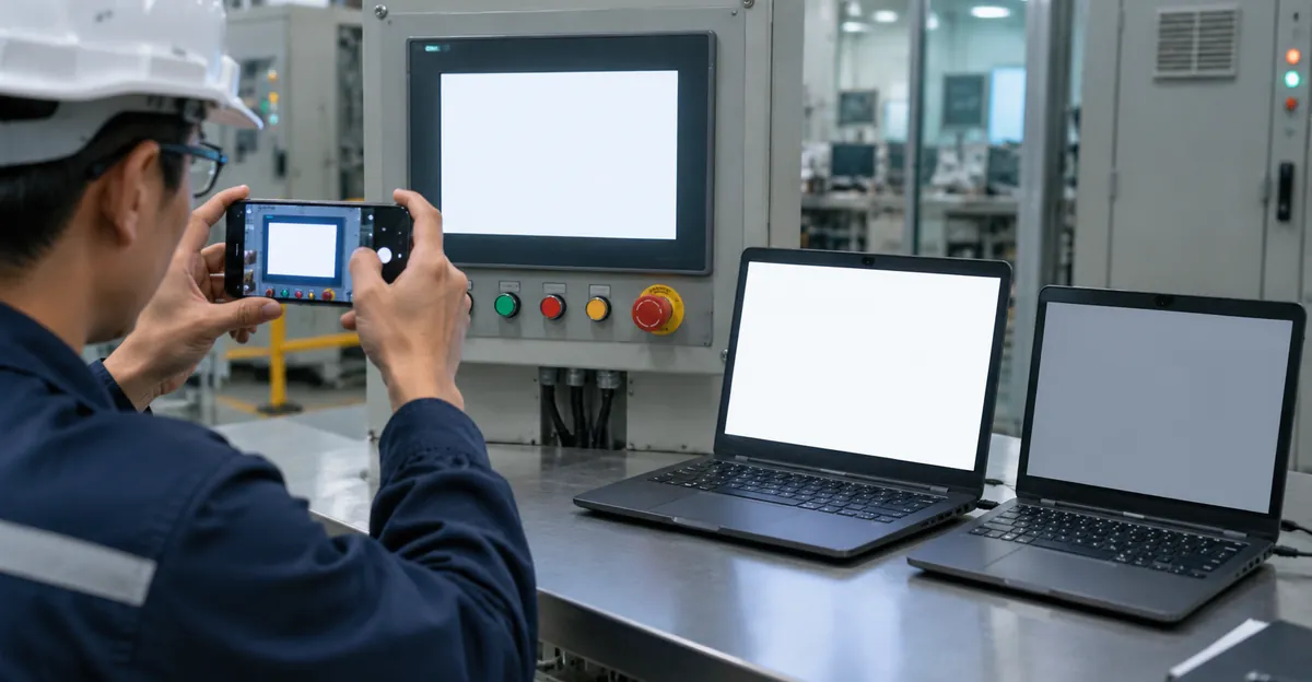 Techniker fotografiert ein industrielles HMI während eines Vollton-Bildschirmtests mit Laptops