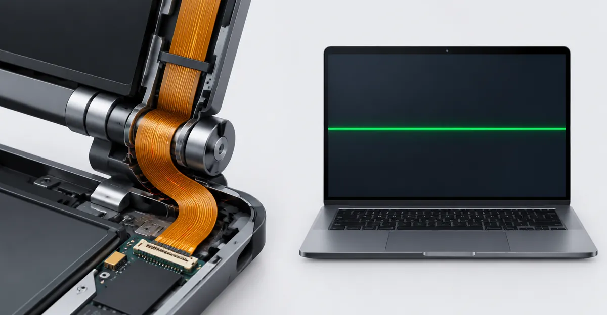 Laptop hinge cutaway showing a stressed display flex cable beside a panel with a green horizontal line