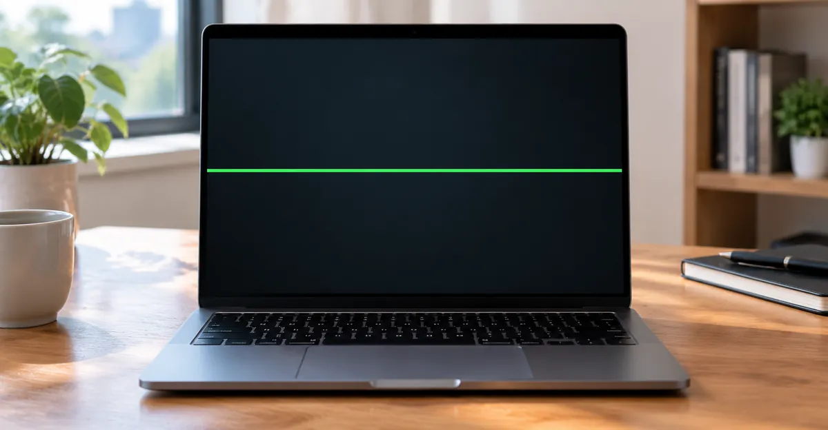 Open laptop on a desk with a thin bright green horizontal line across the middle of a dark screen