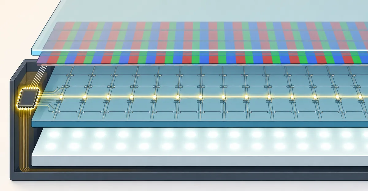 Cross-section diagram of an LCD panel highlighting the gate line and gate driver circuit that activates each row of pixels.