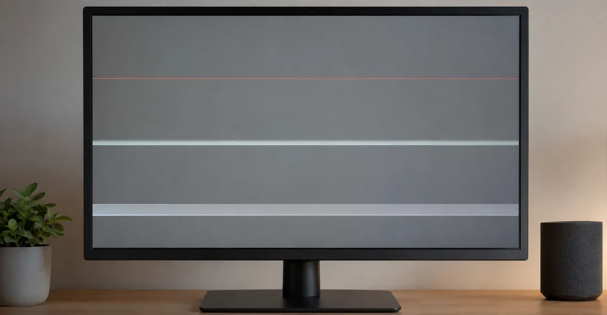 Monitor showing thin horizontal lines running from left to right across a gray desktop background.