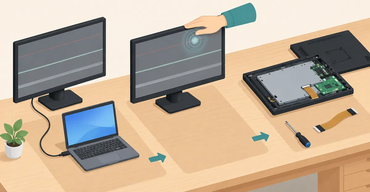 Three-step diagnostic workflow: HDMI cable swap test, flex/pressure test, and flex cable replacement.