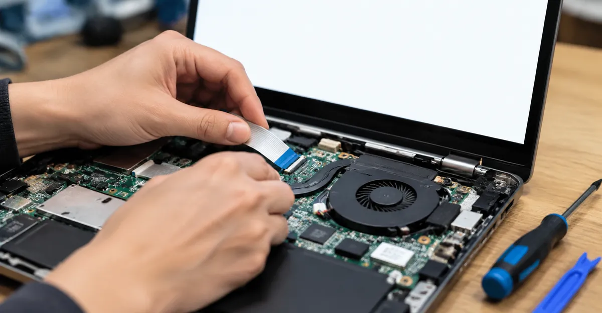 Technician reseating a laptop display ribbon cable near the hinge next to a solid white screen test