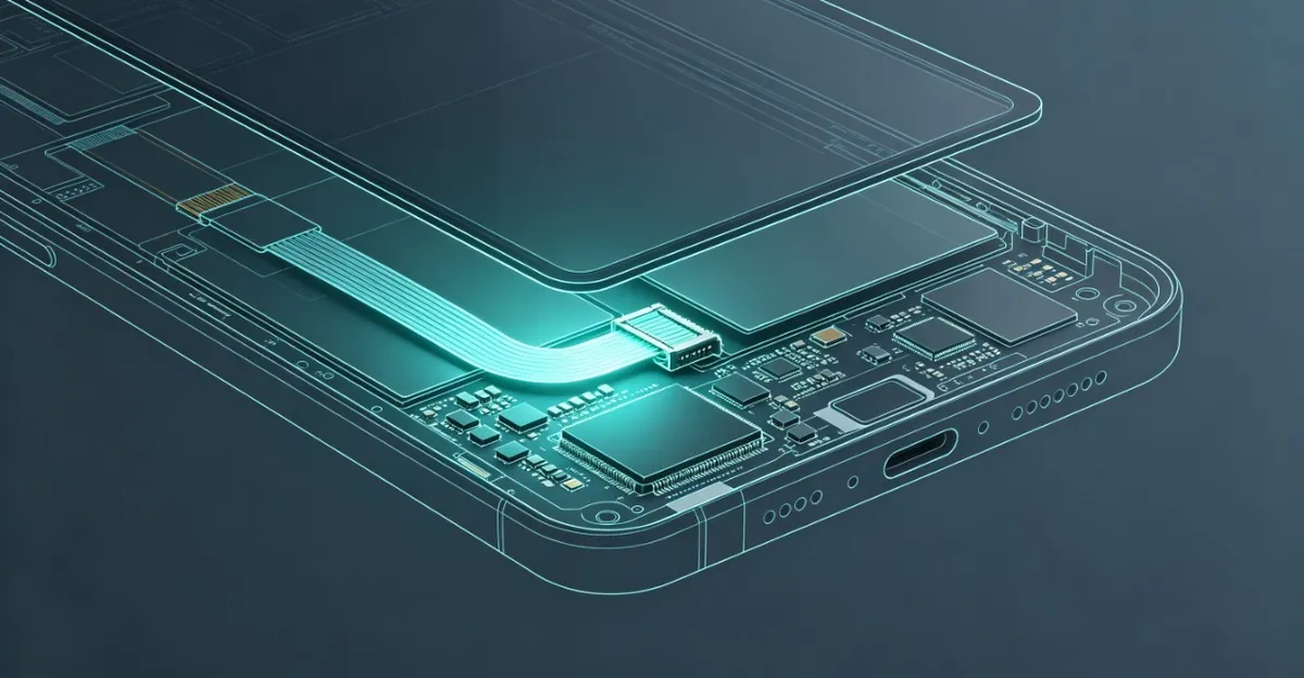 Technisches Diagramm, das die interne Displaykabelverbindung zwischen dem Telefon-Mainboard und dem LCD-Panel zeigt und den losen Anschluss als Hauptursache für horizontale weiße Linien veranschaulicht