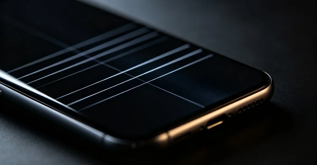 Smartphone-Bildschirm mit weißen horizontalen Linien, die ein häufiges Anzeigeproblem bei Mobiltelefonen zeigen