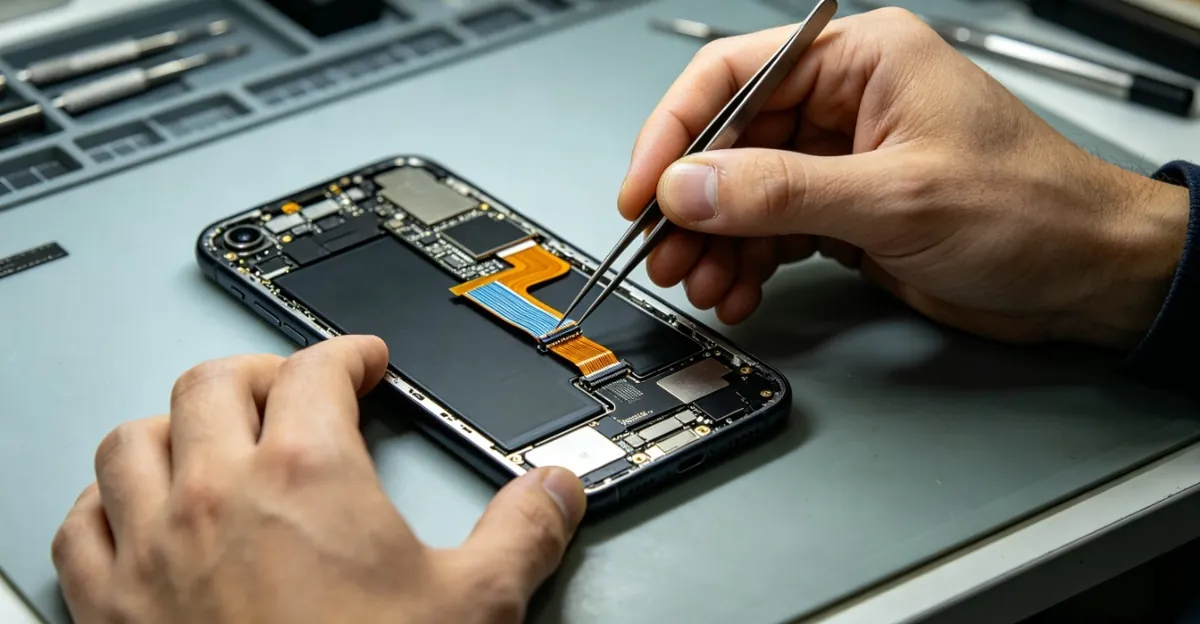 Professioneller Telefon-Reparaturtechniker, der die Displaykabelverbindung sorgfältig mit Präzisionswerkzeugen in einer sauberen Reparaturumgebung wieder anschließt