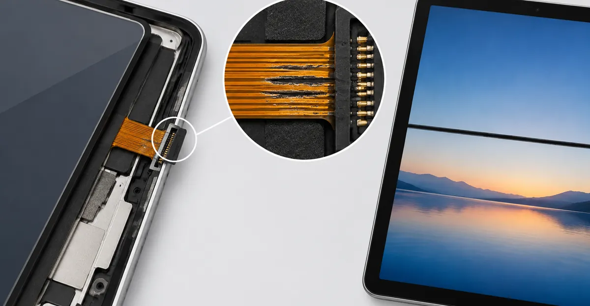 iPad display cutaway showing a damaged flex cable beside a tablet with a black horizontal screen line