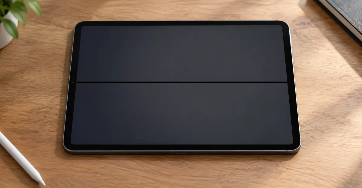 iPad on a wooden desk with a thin black horizontal line across a dark screen