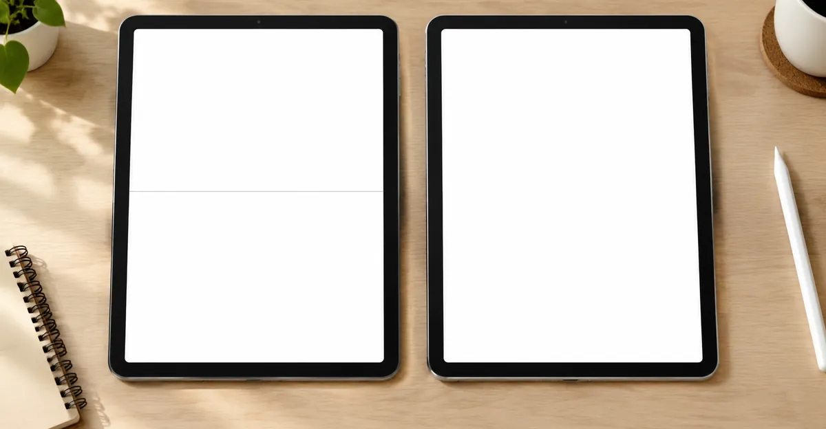 Two tablets on a desk comparing a white screen with a faint horizontal line to a clean white screen