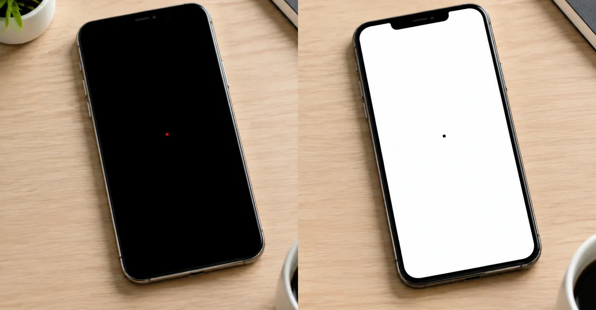 Side-by-side phones: black field with a stuck bright pin-dot versus white field with a dead black pixel