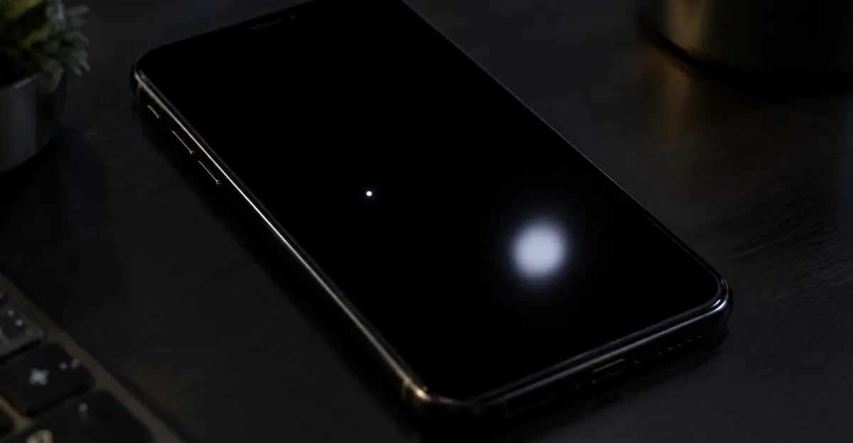 iPhone on a pure black test field with a bright glowing pixel defect