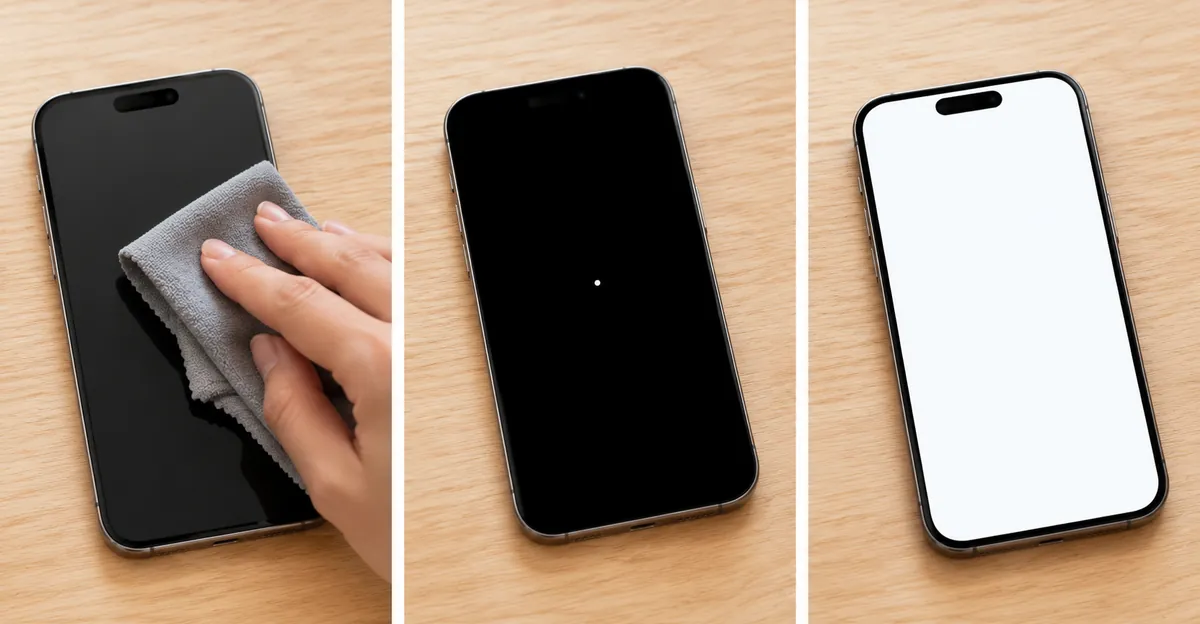 iPhone black screen test workflow: wipe the glass, inspect a black field, then follow up on solid white