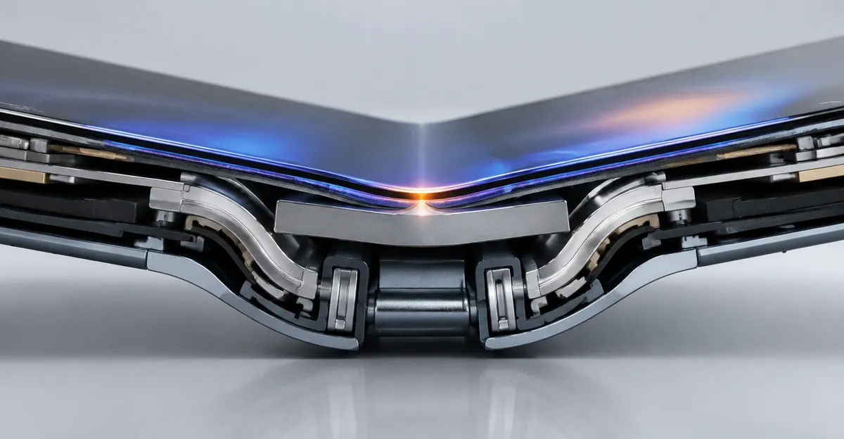 Cutaway of a foldable hinge where a support bar presses into the curved inner OLED