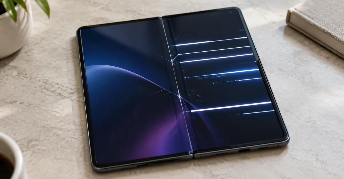 Unfolded foldable phone with a center inner-screen crack and bright horizontal pixel lines