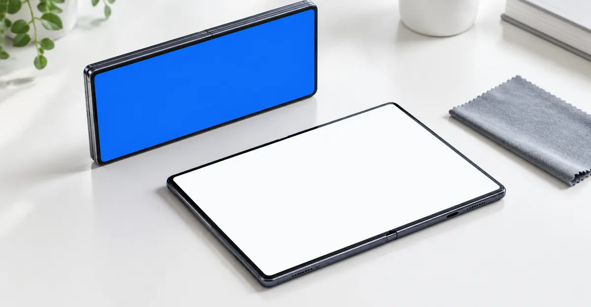 Closed book-style foldable with a blank cover screen beside an unfolded solid-white test panel