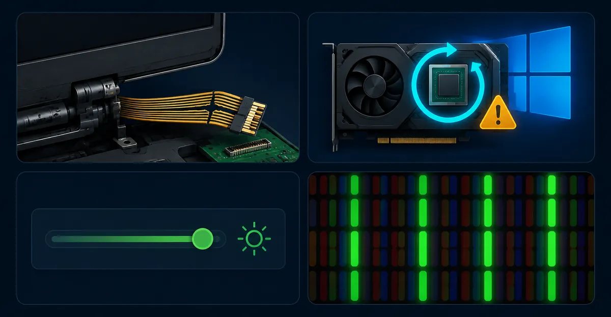 Cuatro causas comunes de la pantalla verde del laptop: cable de pantalla suelto, problema del controlador gráfico, configuración de color y fallo de hardware del panel