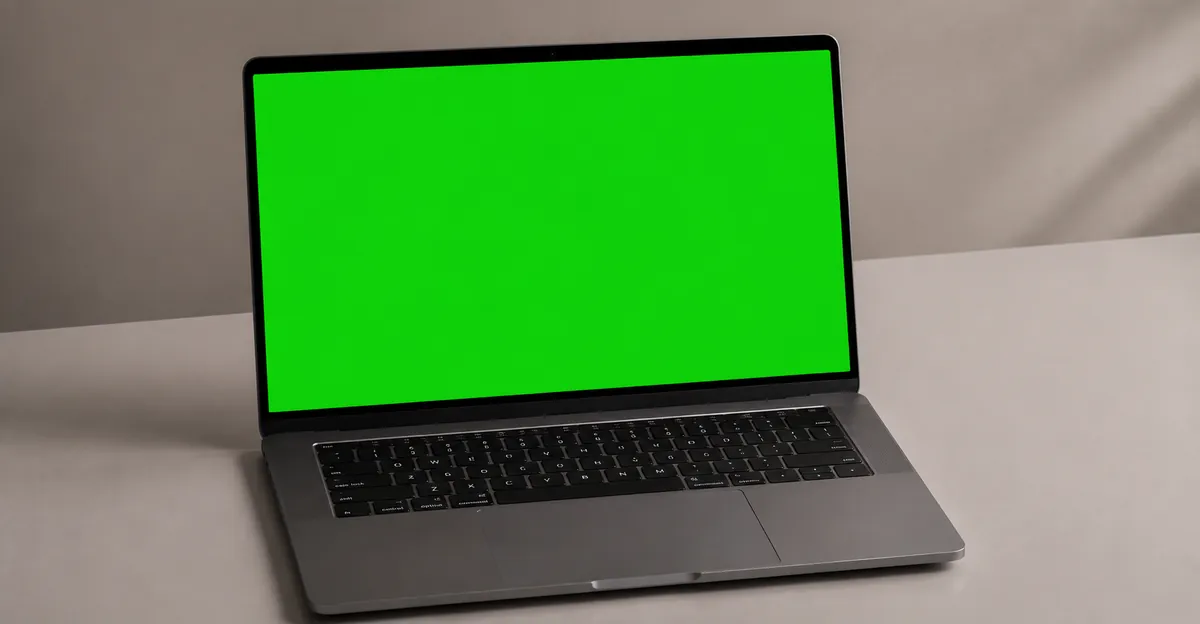 Laptop con pantalla completamente verde que muestra un color verde sólido que llena toda la pantalla