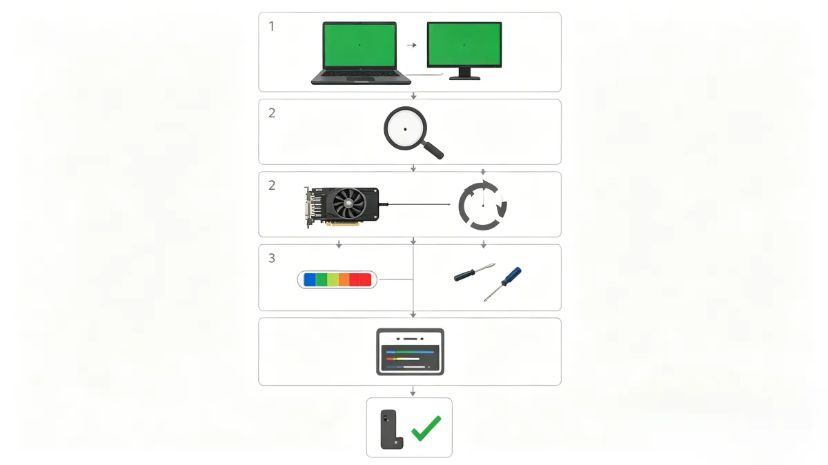Diagrama de solución: prueba con un monitor externo para aislar la causa, luego reinstala controladores, reconecta el cable o reemplaza el panel