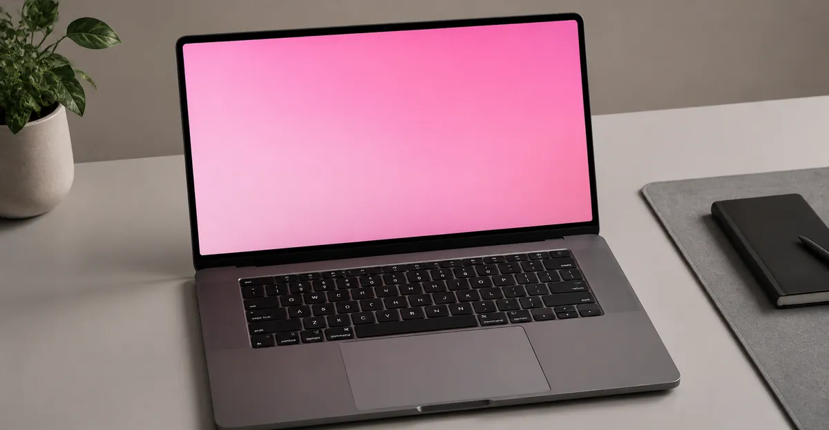 Tela de notebook exibindo um tom rosa sólido em todo o display, ilustrando uma falha no canal de cor azul em uma tela de notebook