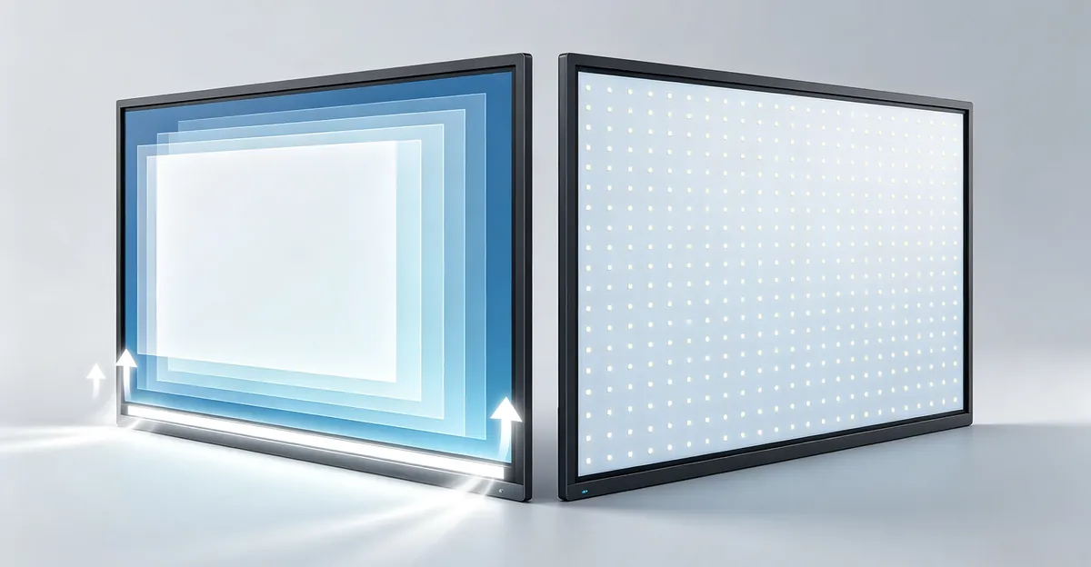 Educational cross-section diagram comparing edge-lit and direct-lit LCD backlight designs, showing LED placement along panel edges versus a full LED array behind the panel, with light leaking at the edges on the edge-lit side