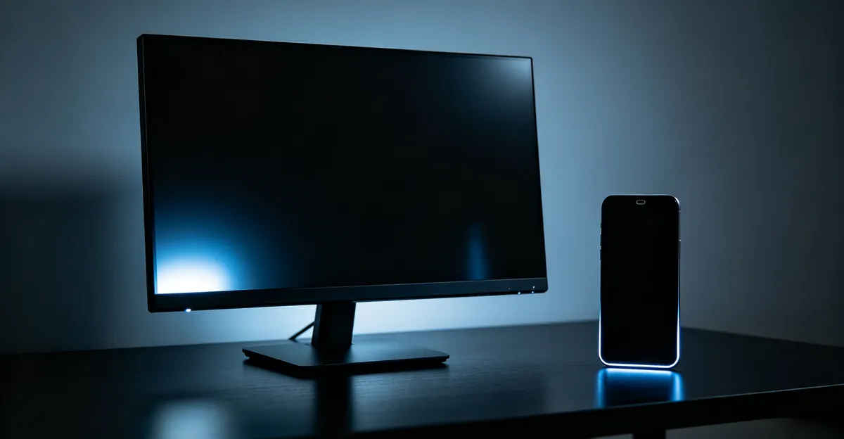 Modern widescreen LCD monitor and iPhone displaying pure black screens in a dim room, with bright white backlight bleed visible at the monitor corners and subtle edge glow on the phone screen, illustrating LCD screen bleed on desktop and mobile displays