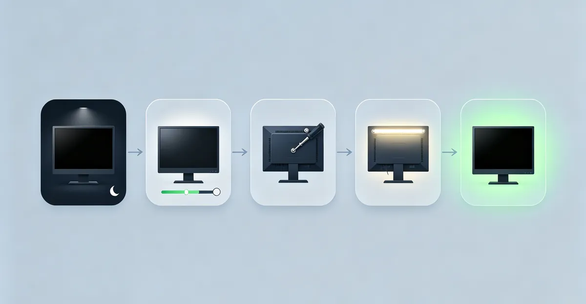 Five-step LCD backlight bleed diagnosis and fix workflow illustrated as connected cards: dark room black screen test, brightness reduction, bezel screw adjustment, bias lighting behind monitor, and confirmed improvement with green checkmark on a clean black screen