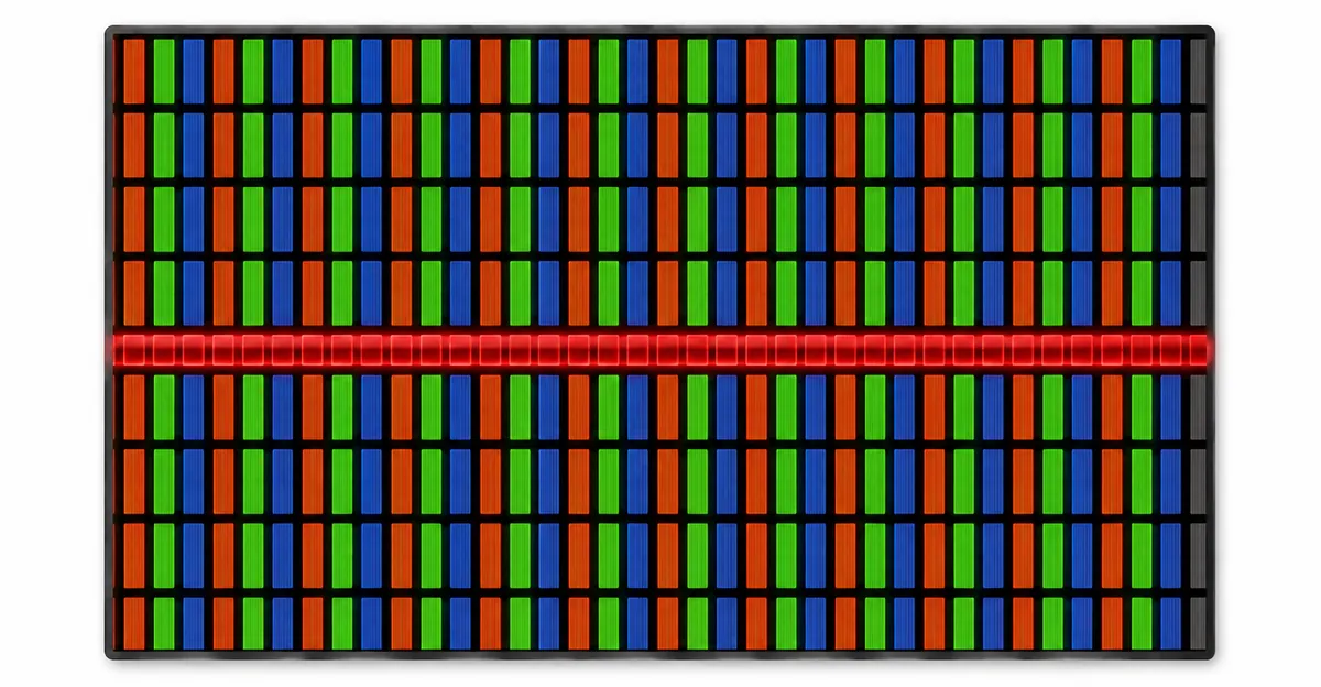 Top-down close-up of an LCD panel pixel grid showing the RGB subpixel matrix, illustrating row electrode structure without any text or labels.