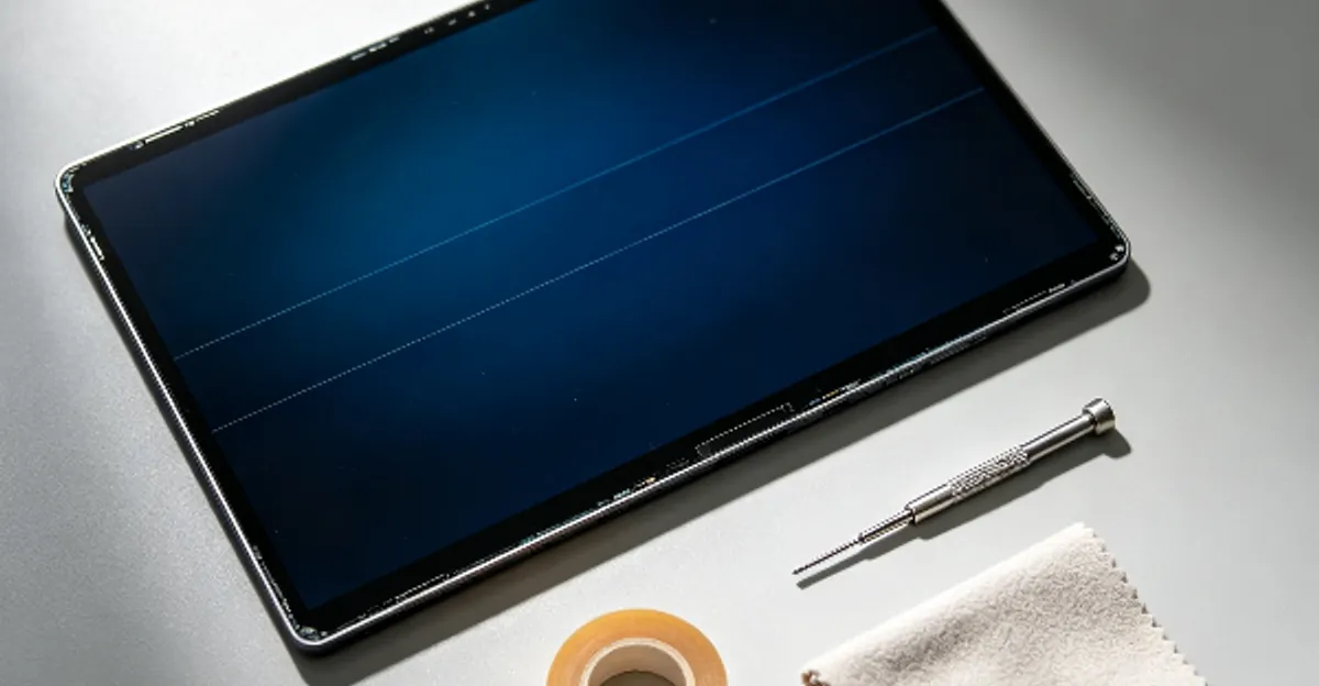 Top-down photograph of a laptop LCD panel showing faint horizontal lines alongside a small Phillips screwdriver, a short strip of amber kapton tape, and a folded microfiber cloth arranged on a light gray table surface.