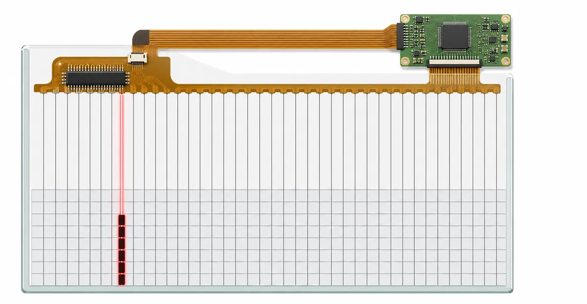 Vista ampliada del camino de la señal del driver de columna del panel LCD que muestra la salida de la placa T-Con fluyendo a través de un cable cinta horizontal hacia un source driver IC montado en película COF flexible, con electrodos de columna verticales que se extienden hacia abajo en la cuadrícula de píxeles — una columna se resalta en rojo para indicar una conexión de driver de columna fallida que produce una línea muerta vertical