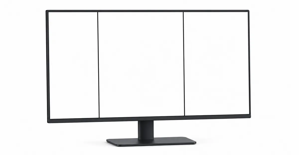 Monitor LCD panorámico moderno que muestra una pantalla blanca limpia con dos líneas verticales finas perfectamente rectas de píxeles muertos de color negro que van del borde superior al borde inferior de la pantalla