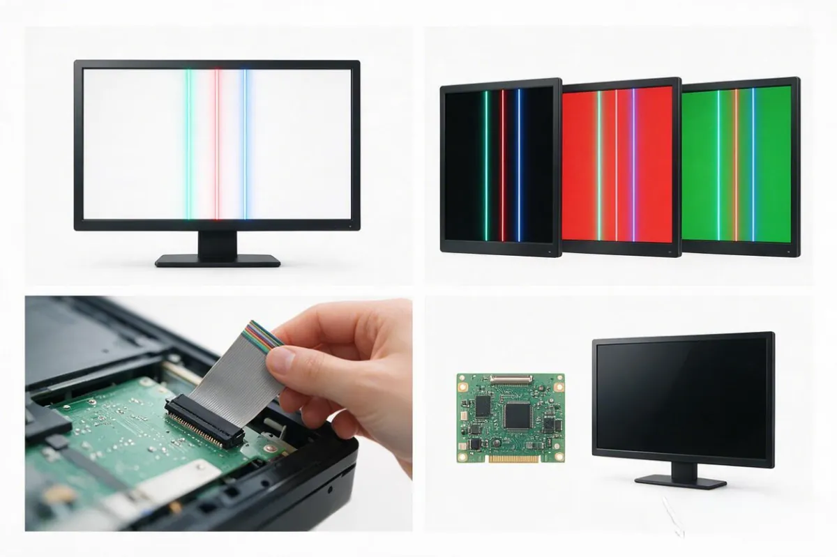 Flujo de trabajo de cuatro pasos para el diagnóstico y reparación de líneas verticales en LCD: identificar las líneas verticales, probar en múltiples fondos de color sólido, reasentar el cable cinta interno y decidir entre sustituir la placa T-Con o reemplazar el panel entero