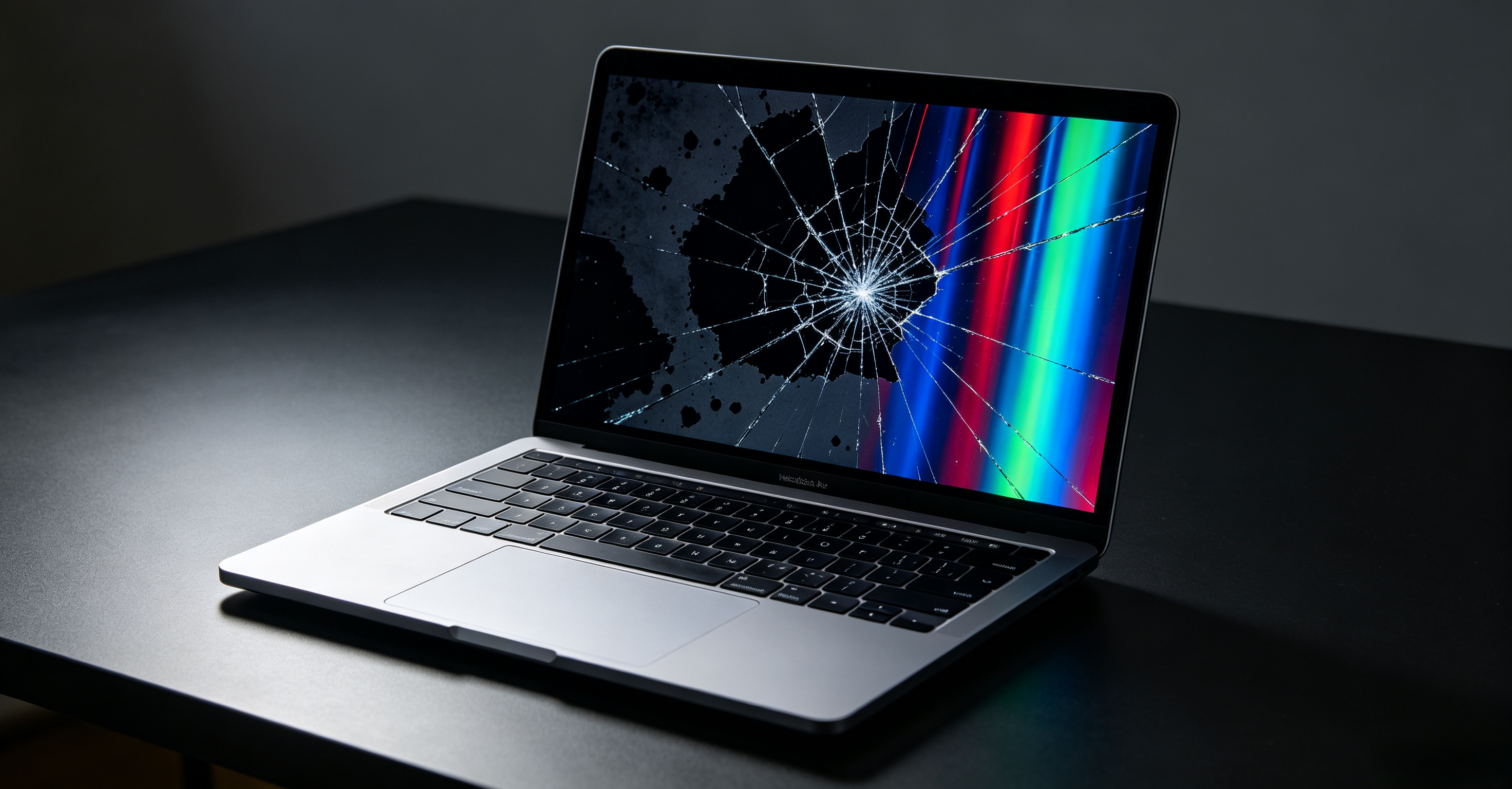 MacBook prateado aberto sobre uma mesa escura, com tela mostrando uma rachadura em forma de teia de aranha irradiando do centro, manchas escuras como tinta no canto superior esquerdo e faixas verticais coloridas de arco-íris saindo da borda direita — sintomas visuais de uma tela MacBook rachada internamente