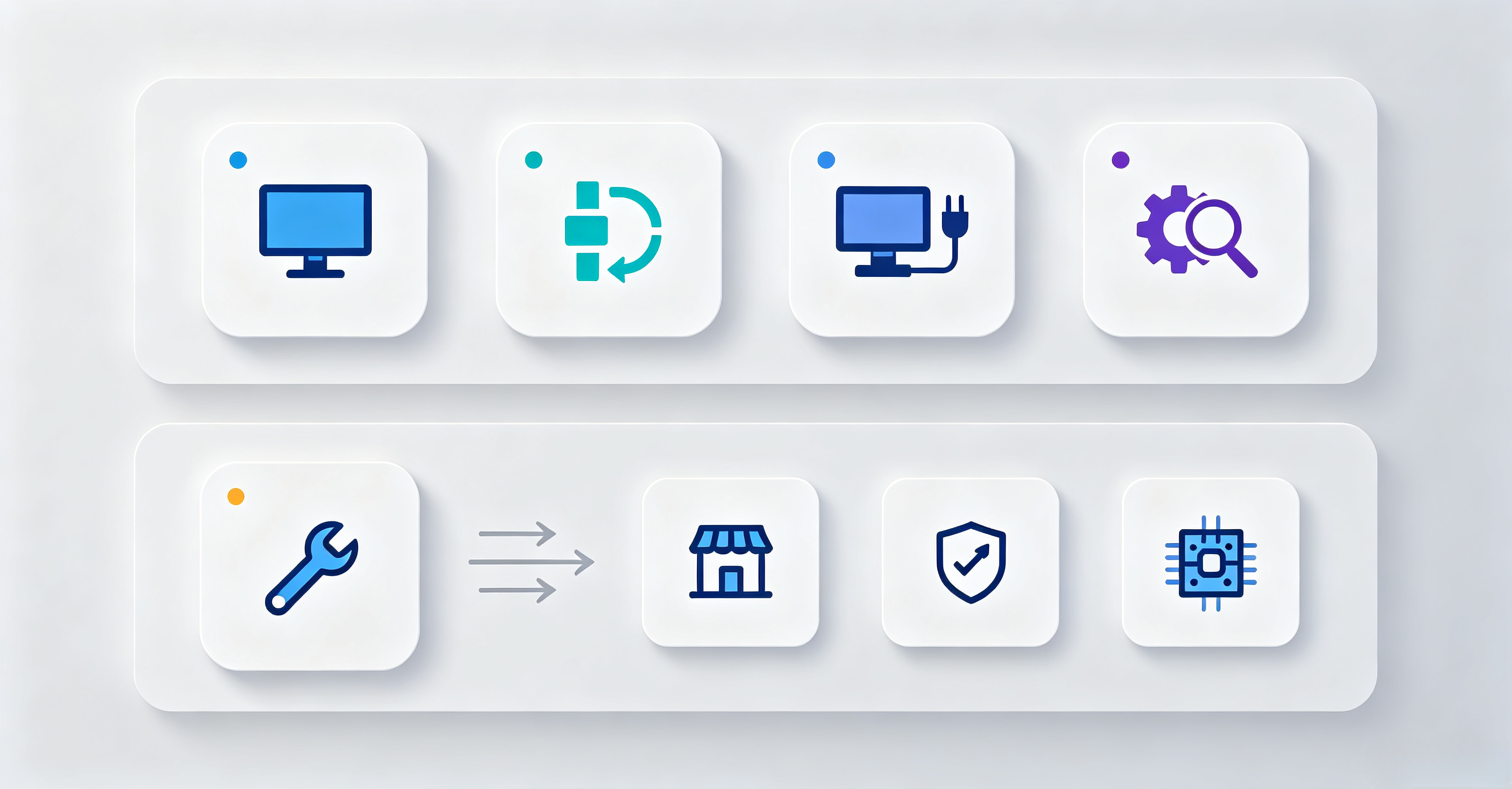 Infográfico de diagnóstico e reparo em dois níveis para uma tela MacBook rachada internamente: linha superior mostra quatro cartões numerados (inspeção visual, redefinição SMC, reinstalar driver gráfico, verificar cabo flat); linha inferior mostra três caminhos de reparo (DIY → Apple Store → AppleCare+ ou serviço independente em nível de chip)