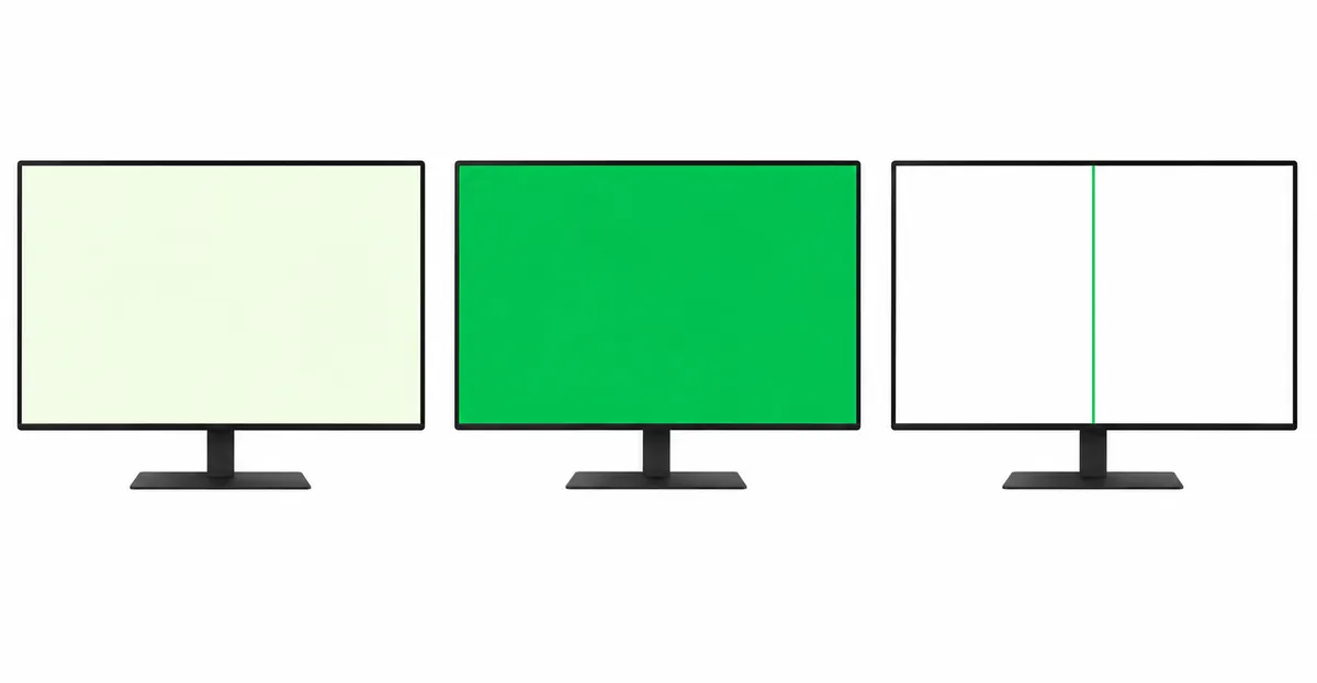 Side-by-side comparison of three types of green color problems on LCD monitor screens: the left monitor shows a subtle yellow-greenish warm cast over a white background (green tint), the center monitor shows a pure solid saturated emerald green filling the entire screen (green screen), and the right monitor shows a white background with a single thin vertical green line running from top to bottom (green line)