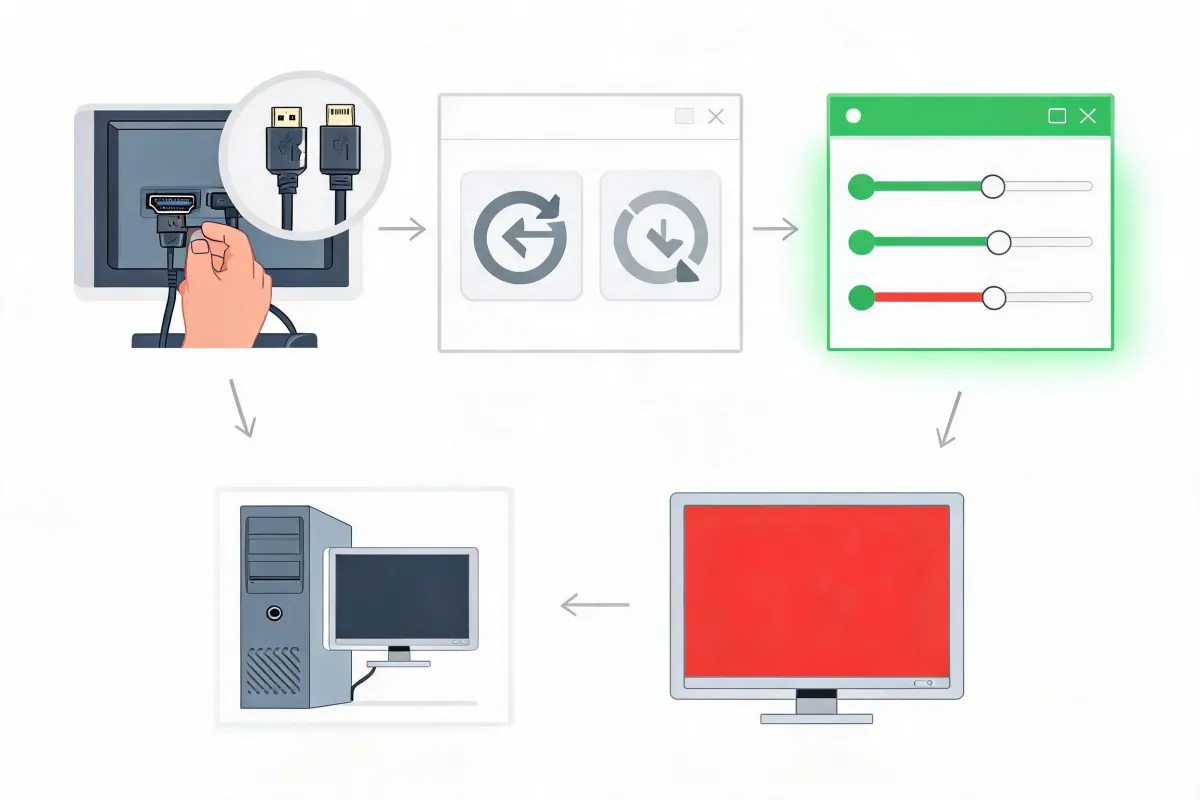 Five-step green tint diagnosis and repair workflow: reseat or replace the display cable, update or roll back the graphics driver, reset all color channels to defaults in the graphics control panel, test on another computer with a different cable, and verify the fix on a pure red screen test for cleanliness