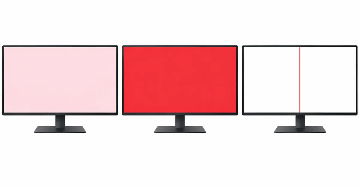 Nebeneinander-Vergleich von drei Arten roter Farbprobleme auf LCD-Monitorbildschirmen: der linke Monitor zeigt einen subtilen rosa-warmen Schimmer über einem weißen Hintergrund (Rottich), der mittlere Monitor zeigt ein reines gesättigtes Rot, das den gesamten Bildschirm füllt (roter Bildschirm), und der rechte Monitor zeigt einen weißen Hintergrund mit einer einzelnen dünnen vertikalen roten Linie, die von oben nach unten verläuft (rote Linie)