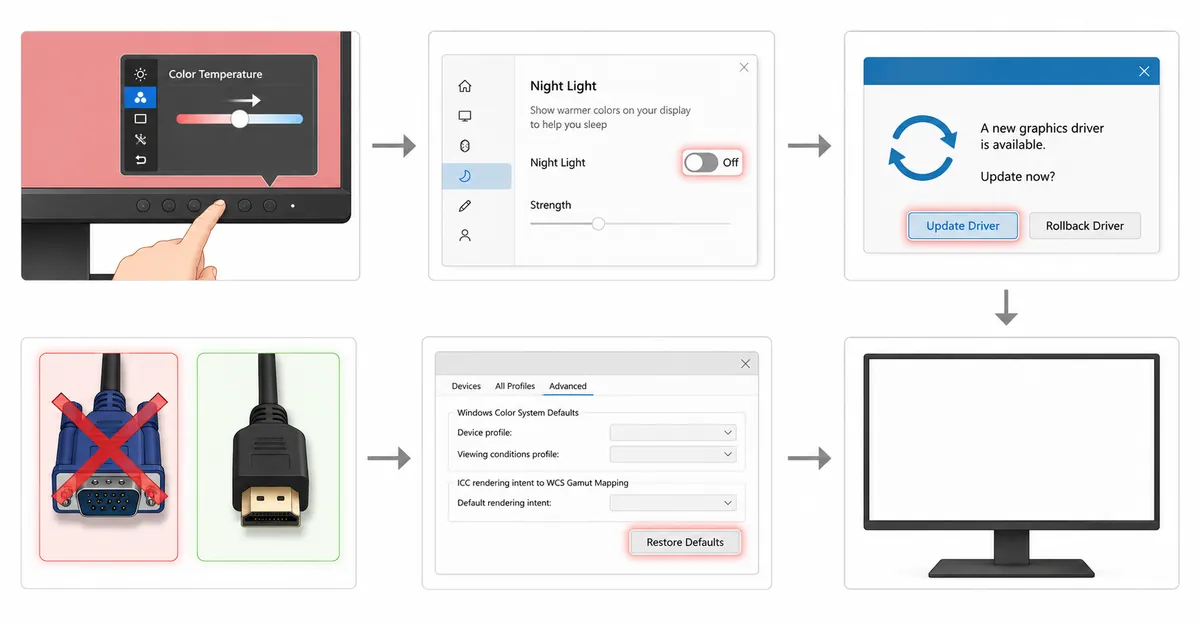 Fünf-Schritte-Workflow zur Diagnose und Reparatur von Rottich: den OSD-Farbtemperatur-Schieberegler von warm auf neutral einstellen, den Windows-Nachtlicht-Schalter deaktivieren, den Grafiktreiber aktualisieren oder zurücksetzen, ein VGA-Kabel durch HDMI ersetzen, das Windows-Farbverwaltungsprofil zurücksetzen und schließlich die Lösung auf einem sauberen neutralen weißen Bildschirm überprüfen