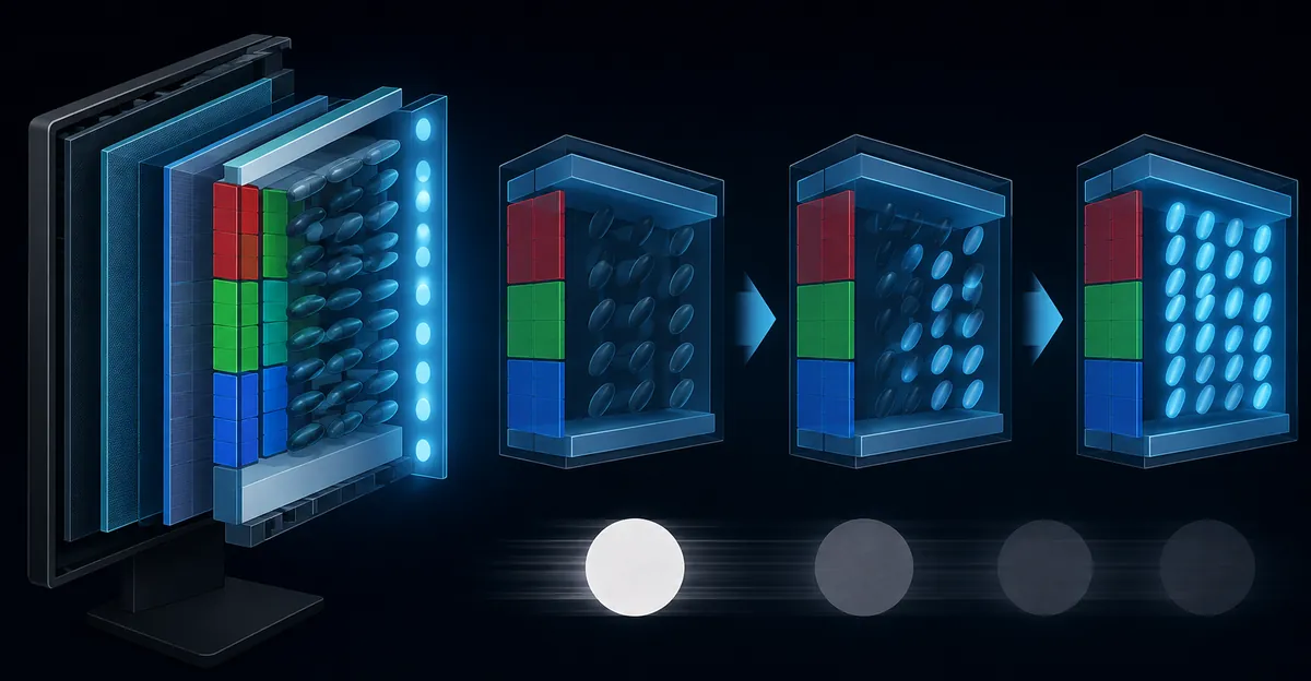 Diagrama técnico mostrando resposta lenta GtG de pixels LCD causando rastros de cor residual durante movimento