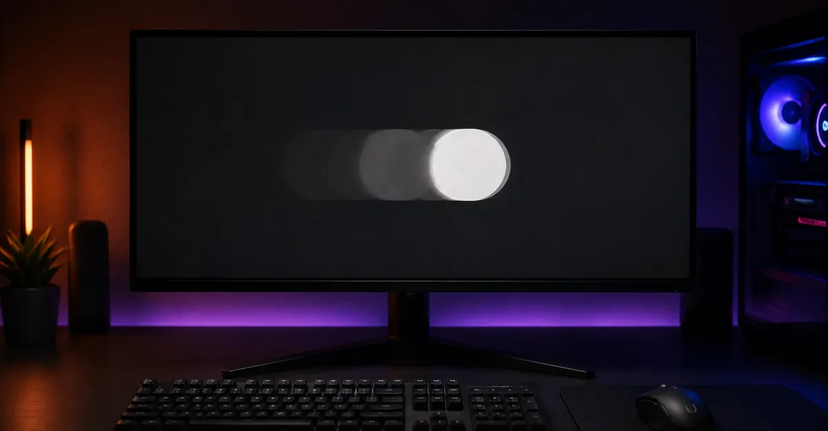 Monitor gaming exibindo ghosting de movimento com sombras escuras atrás de um objeto brilhante em movimento na tela