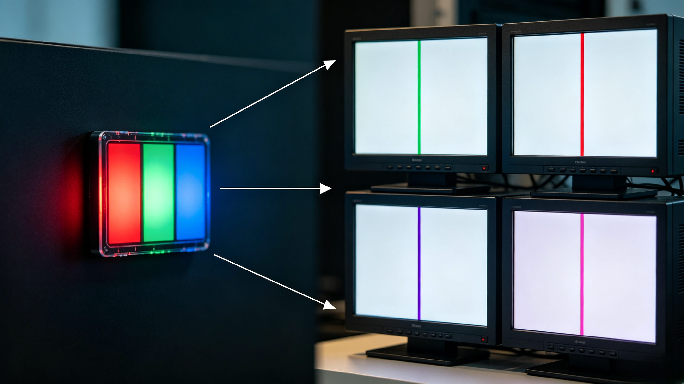 Diagrama de canales de subpíxeles RGB y cómo las líneas verticales verdes, rojas, violetas y rosas resultan de diferentes fallos de canales de color