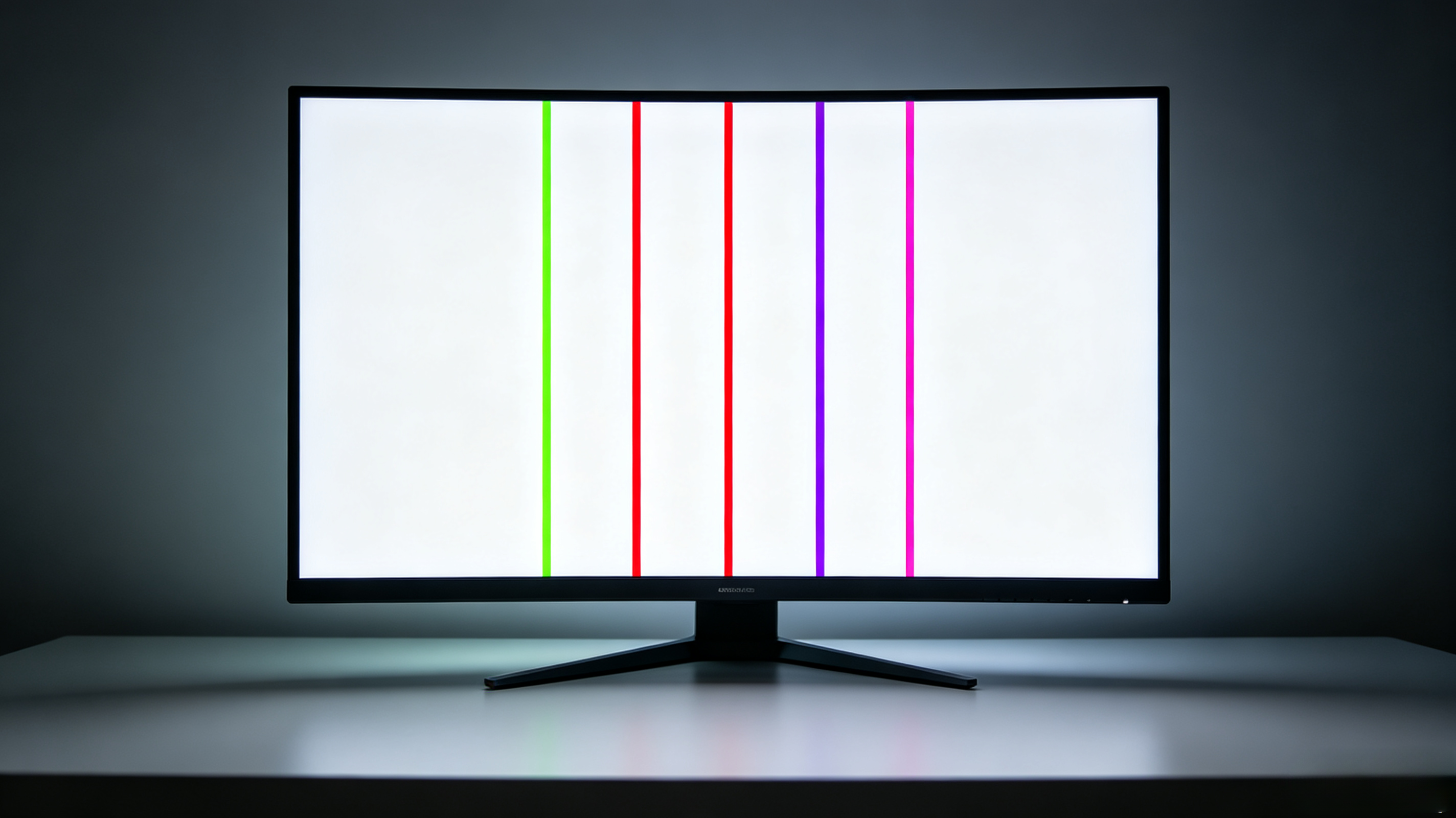 Monitor LCD panorámico moderno mostrando líneas verticales de colores verde, rojo, violeta y rosa sobre fondo blanco, ilustrando defectos de líneas de colores en la pantalla