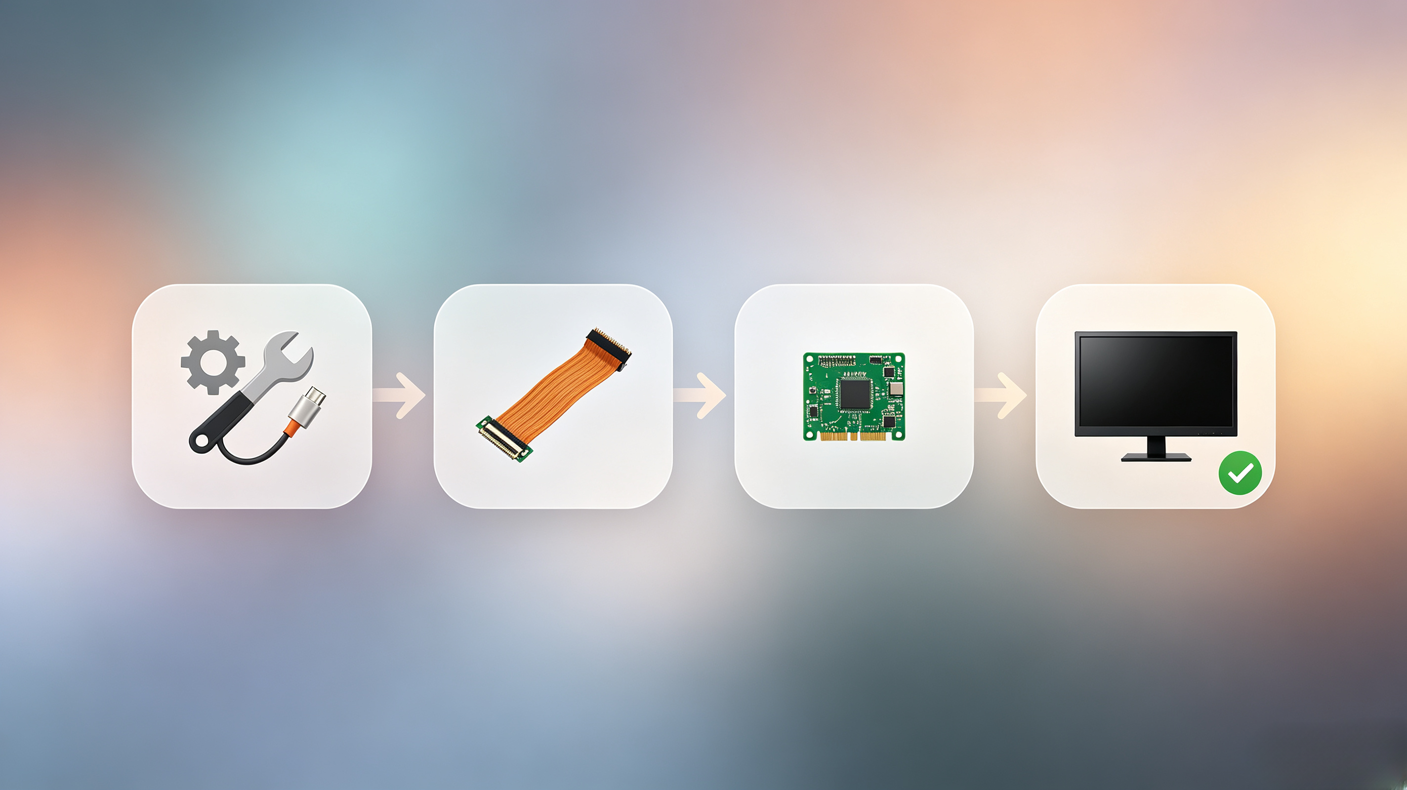 Flujo de reparación de cuatro niveles para líneas de colores: correcciones de software y cable, reemplazo de cable plano, reemplazo de placa T-con y reemplazo del panel LCD como último recurso