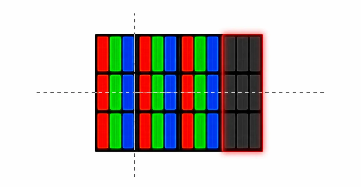 Magnified LCD pixel grid showing one column of pixels highlighted with a failed column electrode — illustrating how vertical lines form from column electrode damage while horizontal lines form from row electrode damage