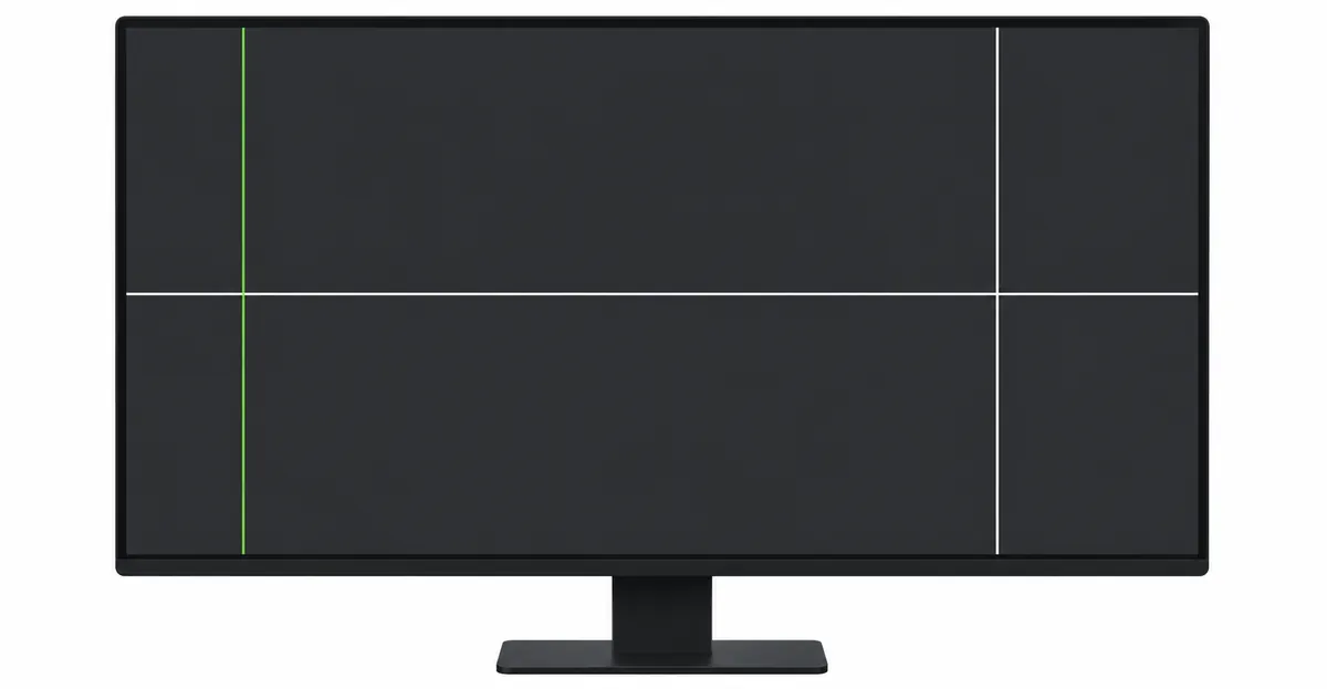 Modern computer monitor displaying multiple types of straight lines across the screen surface — vertical white, vertical green, and horizontal white lines clearly visible on a dark screen