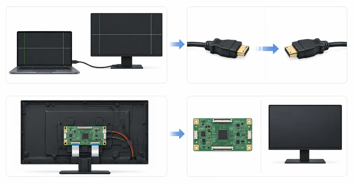 Four-step monitor line diagnosis and repair workflow: test on different device, try different cable, check T-Con board, and repair vs replace decision
