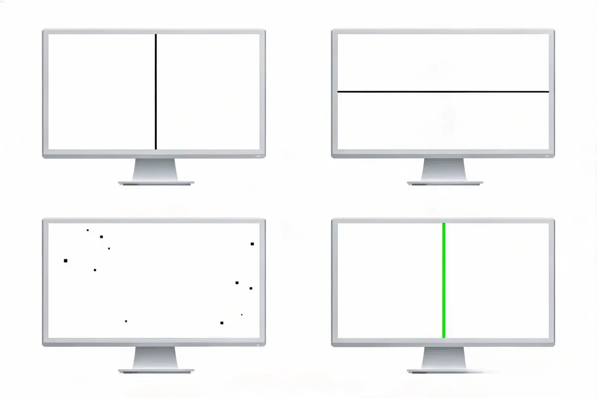 Comparación en cuadrícula 2x2 de cuatro defectos diferentes de líneas en el monitor: arriba a la izquierda se muestra un monitor con fondo blanco sólido con una sola línea negra vertical fina y recta que va de arriba a abajo (línea negra vertical), arriba a la derecha se muestra un monitor con fondo blanco sólido con una sola línea negra horizontal fina y recta que va de izquierda a derecha (línea negra horizontal), abajo a la izquierda se muestra un monitor con fondo blanco sólido con unos pocos puntos negros diminutos dispersos (píxeles muertos), abajo a la derecha se muestra un monitor con fondo blanco sólido con una sola línea verde vertical fina y recta que va de arriba a abajo (línea vertical de color)